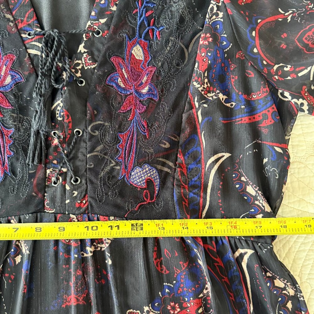 Reba Black Lace Up Paisley Print Metallic Bohemian Embroidered Maxi Dress XL - Picture 16 of 17